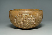 Bowl with the Maize God as cacao tree, Carbonate stone, Maya