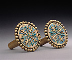 Pair of Ear Ornaments, Gold, shell, stone (turquoise or malachite), Moche