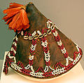 Hat, Leather, glass beads, feathers, cowrie shells, Democratic Republic of Congo