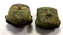 Face Rattle, Copper (hammered), pigment (?), Moche