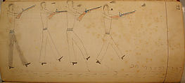 Maffet Ledger: Four men aiming guns, Graphite, watercolor, and crayon on paper, Southern and Northern Cheyenne