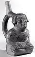 Bottle, Seated Figure, Ceramic, slip, pigment, Moche
