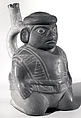 Bottle, Seated Figure, Ceramic, slip, pigment, Moche