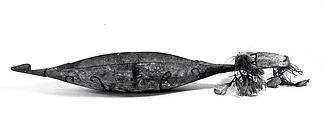 Bowl or Canoe Model, Wood, sago palm leaves, feathers, fiber, paint, Asmat people