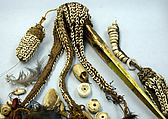 Dagger, Cassowary bone, feathers, shells, tradecloth, feathers, fiber, plastic beads, Mensuat region (?)