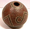 Water Container, Coconut shell, parinarium nut resin, glass beads, paint, Solomon Islander