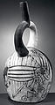 Stirrup spout bottle with fish demon and tumi, Ceramic, pigment, Moche