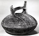 Double Spout and Bridge Bottle with Bird, Ceramic, pigment, Paracas