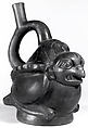 Stirrup Spout Bottle with Bird and Snake, Ceramic, slip, Moche