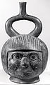 Stirrup Spout Bottle with Portrait Head, Ceramic, slip, Moche