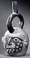 Stirrup Spout Bottle with Tattoed Head, Ceramic, slip, pigment, Moche