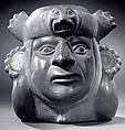 Stirrup Spout Bottle with Portrait Head, Ceramic, slip, pigment, Moche