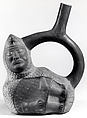 Stirrup spout bottle with peanut figure, Moche artist(s), Ceramic, slip, Moche