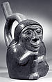 Stirrup Spout Bottle with Wrinkled Face, Ceramic, slip, Moche