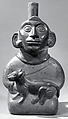 Stirrup Spout Bottle with Figure Holding Feline, Ceramic, slip, Moche