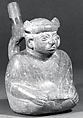 Stirrup Spout Bottle with Seated Figure, Ceramic, slip, pigment, Moche