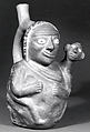 Stirrup Spout Bottle with Figure, Ceramic, slip, pigment, Moche
