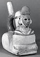 Whistling Stirrup Spout Bottle with Figure, Ceramic, slip, pigment, Moche
