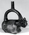 Stirrup Spout Bottle with Cat, Ceramic, slip, Moche