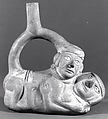 Stirrup Spout Bottle with Couple, Ceramic, slip, pigment, Moche