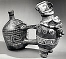 Double-chambered bottle with effigy figures, Vicús artist(s), Ceramic, pigment, Vicús