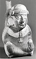 Bottle, Seated Figure, Ceramic, pigment, Moche