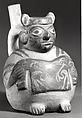 Bottle, Figure Showing Tunic, Ceramic, pigment, Moche