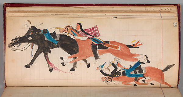 Maffet Ledger: Indian and soldier on horseback, soldier, horse wounded