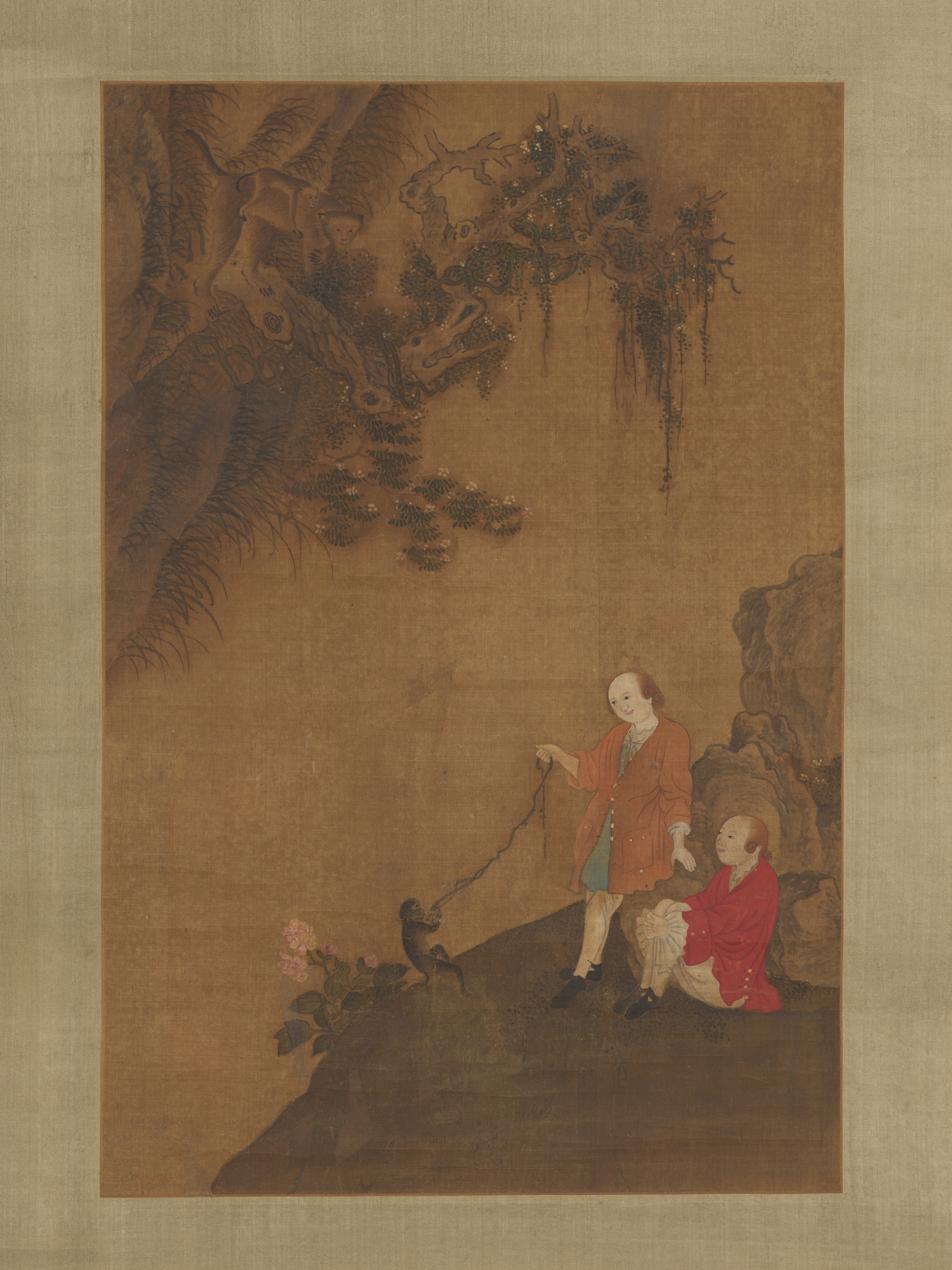 Two Europeans Playing with a Monkey