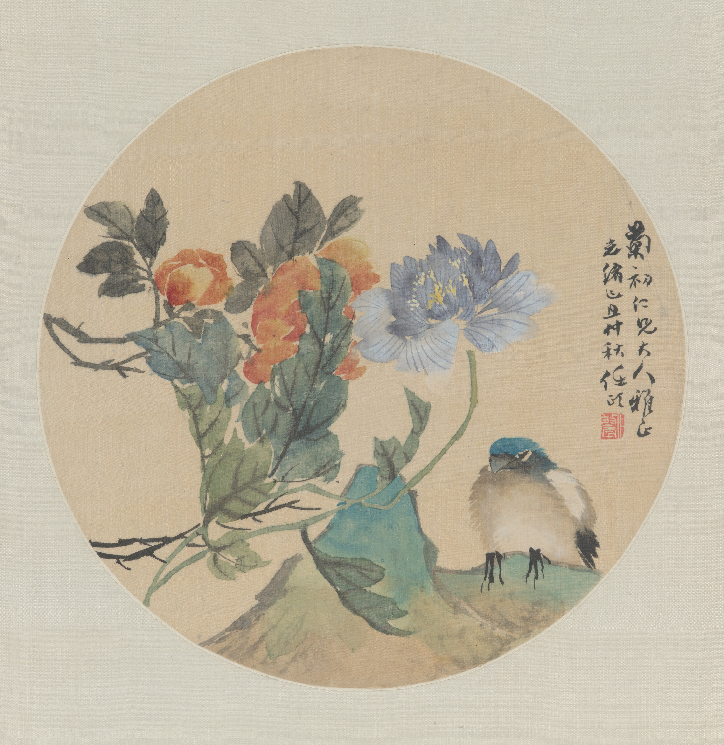 Ren Yi (Ren Bonian), Bird on Ground Beside Two Blooming Flowers