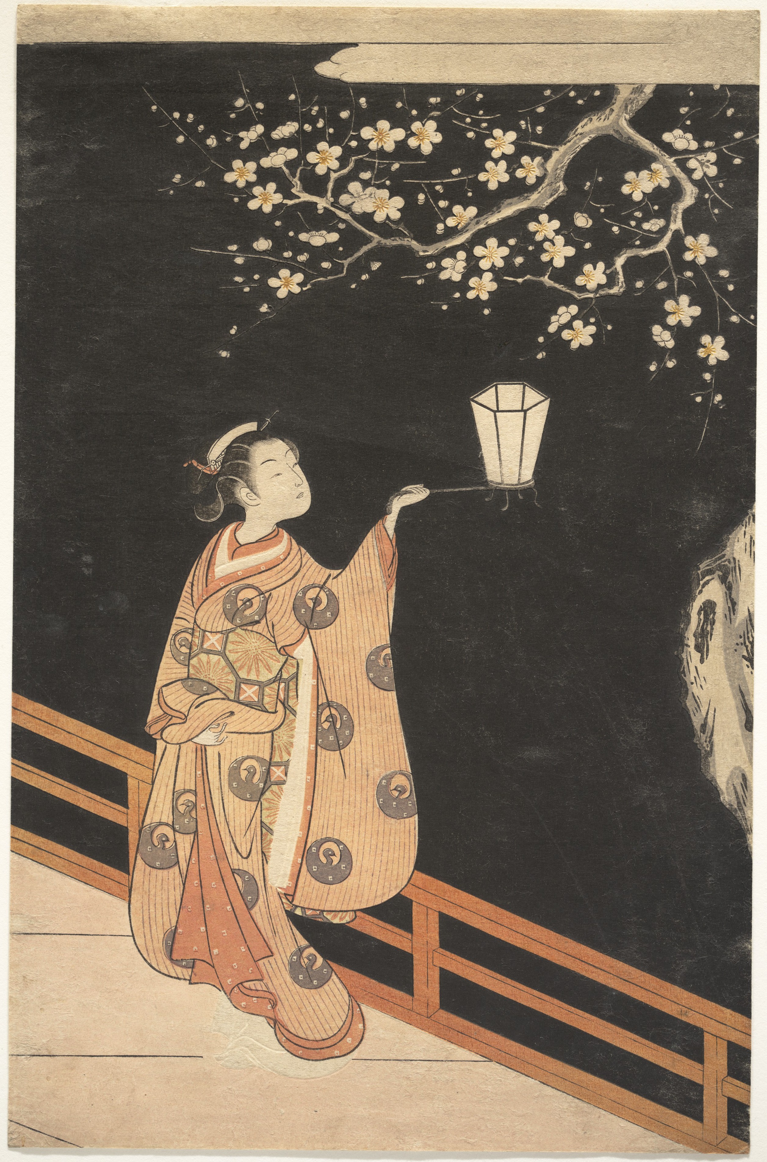 Suzuki Harunobu 鈴木春信 | Woman Admiring Plum Blossoms at Night