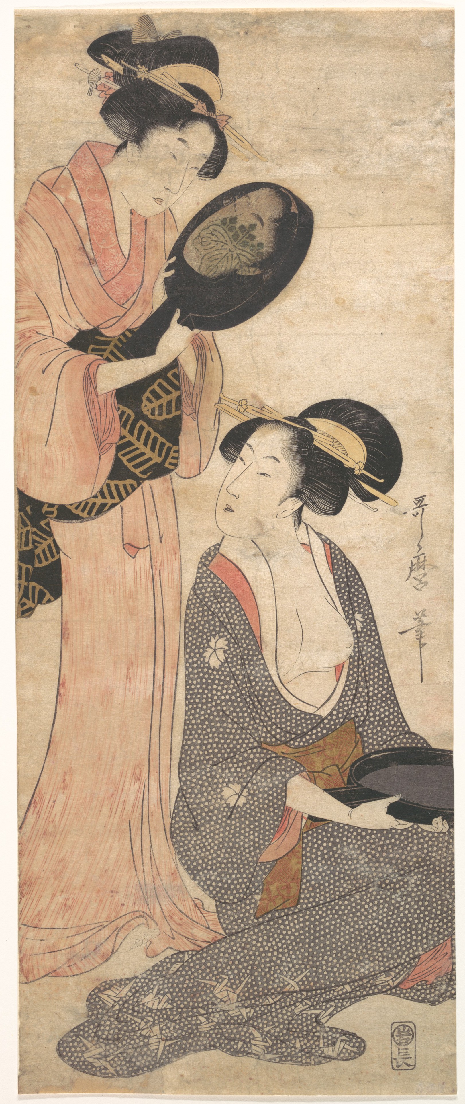 Kitagawa Utamaro Two Ladies Each With A Portion Of A Lacquered Mirror Japan Edo Period