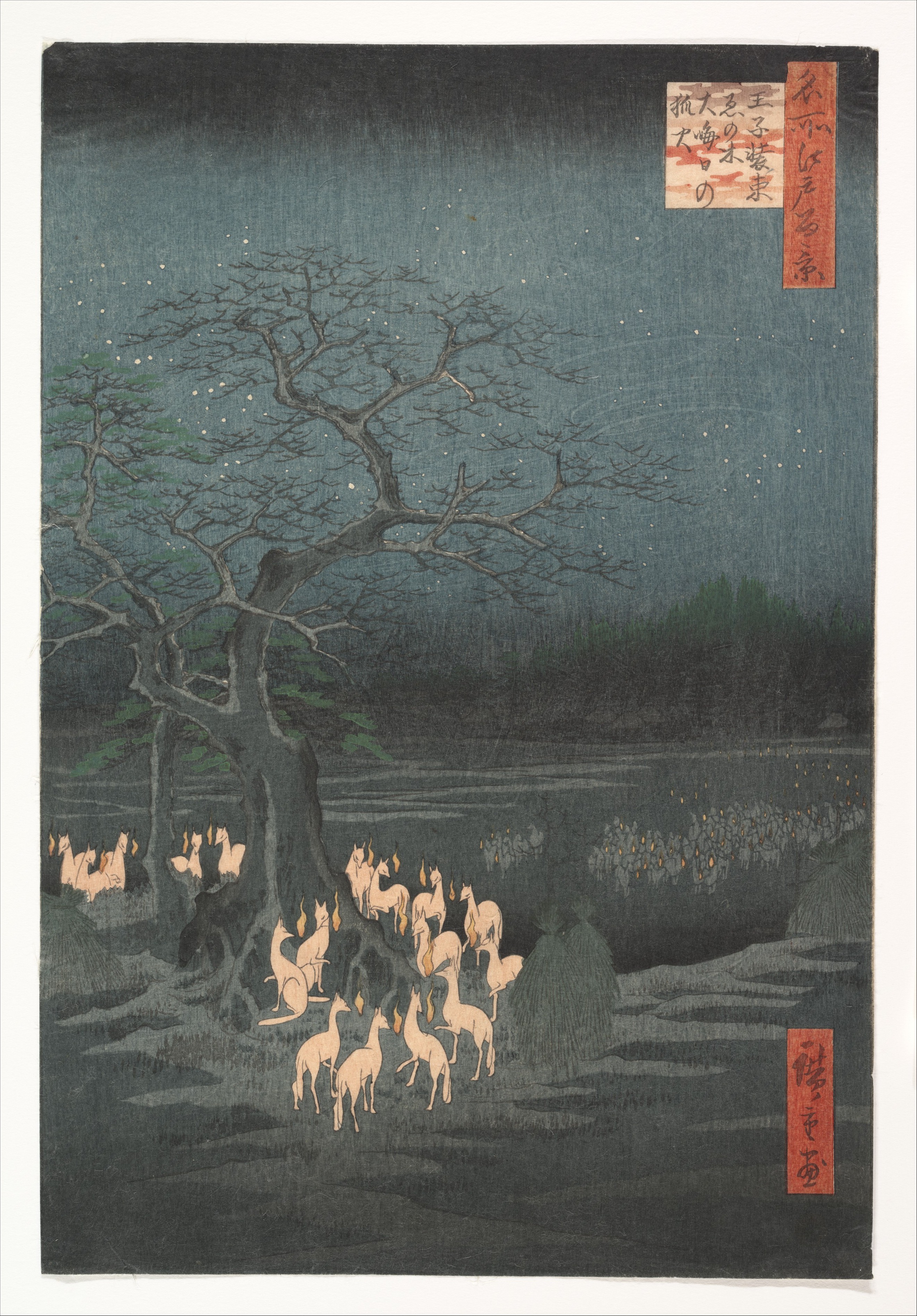 Ukiyoe Print by Utagawa Hiroshi titled "New Year's Eve Foxfires at the Changing Tree, Oji." The images shows several white foxes, many with fox fire above a front paw, gathered around a skeletal tree at late night. This image is the inspiration for a short story.