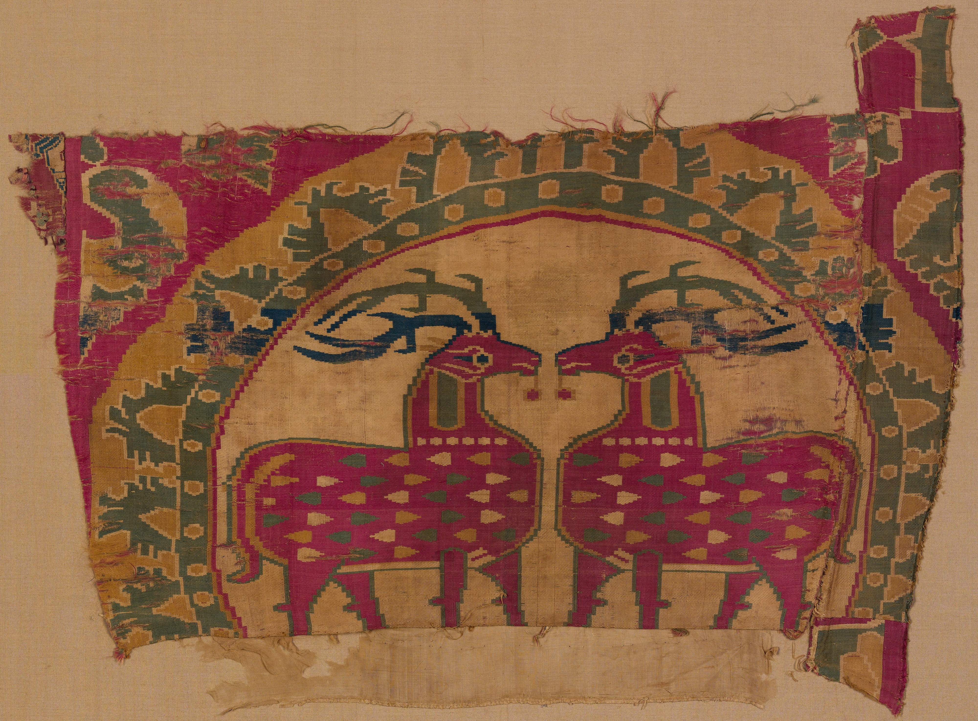 Textile Fragment With Confronted Deer In Partial Pearl Roundel With 
