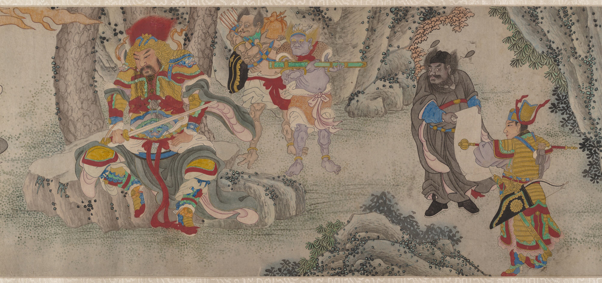 A scroll painting from the Song Dynasty depicting a mountain exorcism by Erlang, in color. Erlang on the left is decked out in full military gear as a high-ranking general, assisted by two demons holding his sword's scabbard. On the right is a dark looking civil official holding a scroll, assisted by a minor military officer holding a staff.