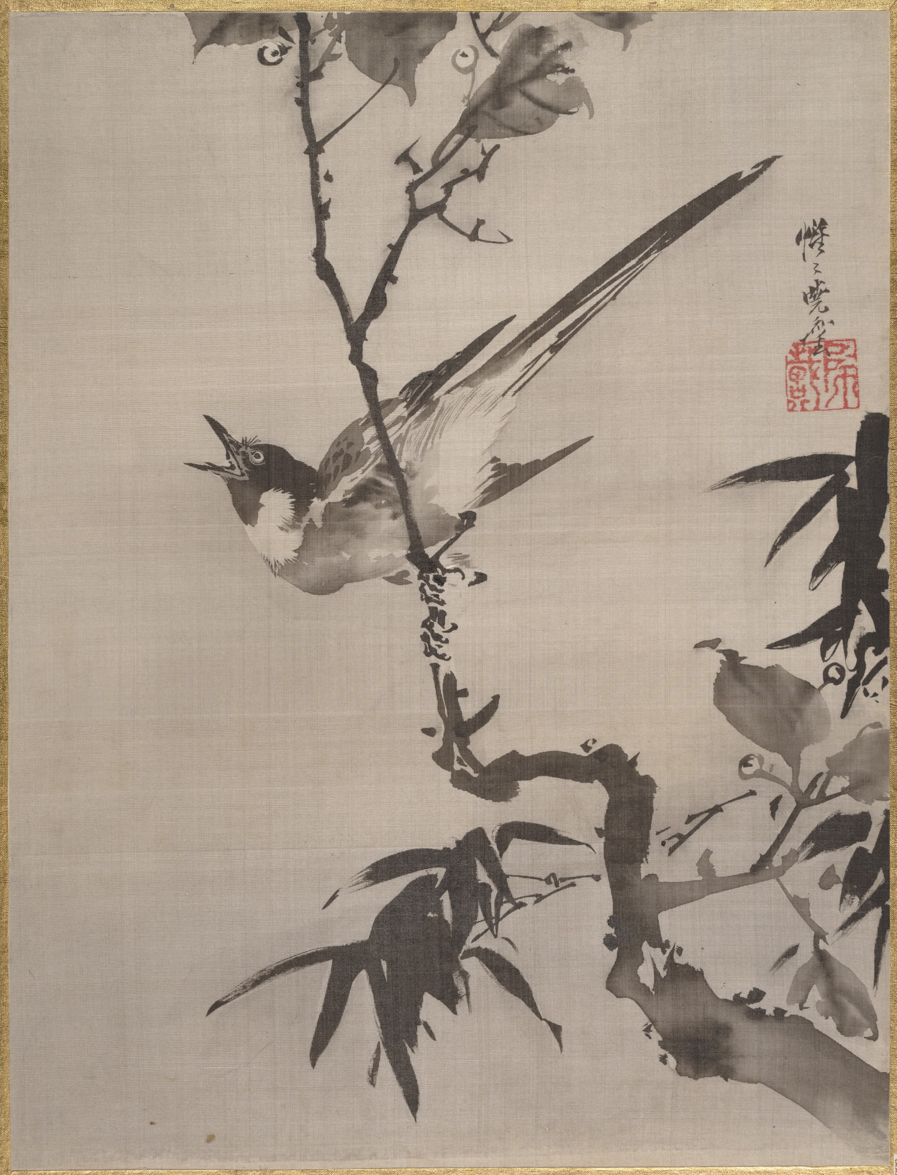 Kawanabe Kyōsai 河鍋暁斎, Singing Bird on a Branch, Japan, Meiji period  (1868–1912)