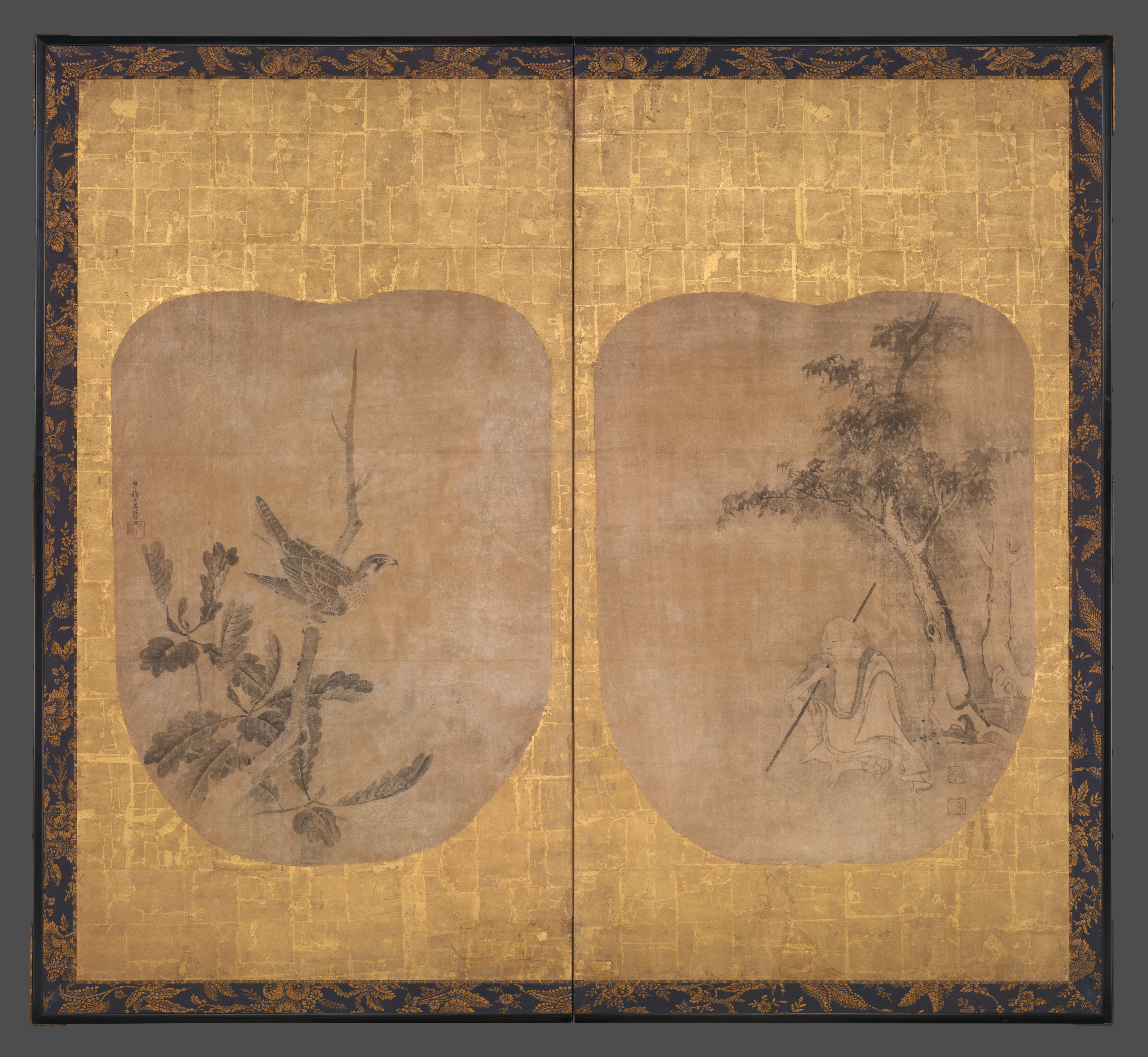mid-17th century), Pair of fan-shaped paintings mounted on two-panel foldin...