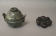 Incense burner with cover, Nephrite, spinach-green with network of black veins, mostly changed to grayish ash tints by calcination, China