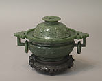 Incense burner with cover, Nephrite, spinach-green, translucent and bright, China