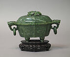 Urn with cover, Nephrite, dark olive-green, translucent, and mottled by lighter shades, China