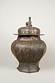Octagonal covered jar, Pewter inlaid with brass, China