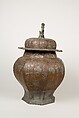 Octagonal covered jar, Pewter inlaid with brass, China