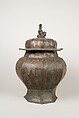 Octagonal covered jar, Pewter inlaid with brass, China