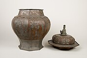 Octagonal covered jar, Pewter inlaid with brass, China
