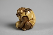 Netsuke of Monkey Looking at a Fly through a Magnifying Glass, Ivory, Japan