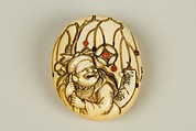 Netsuke of Hotei with Bag, Ivory inlay with various materials, Japan