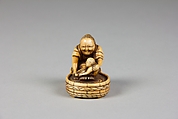 Netsuke of Old Woman Bathing Child in a Tub, Ivory, Japan