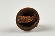 Netsuke of Cat Lying on a Bowl, underneath which is a Fish, Wood, Japan