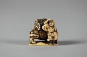 Netsuke of Man Leading an Ox with Bundles of Wood on its Back, Ivory, Japan