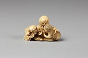 Netsuke of Daruma Admonishing a Mermaid Serving Sake to an Octopus, Ivory, Japan